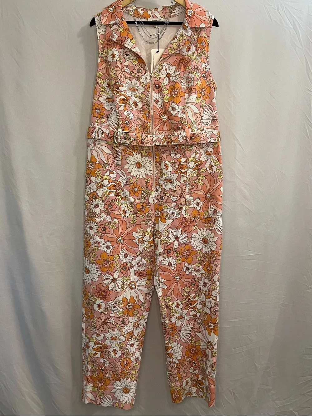 Skies Are Blue Peach & White Floral Zip-Front Sleeveless Jumpsuit - Picture 1 of 7